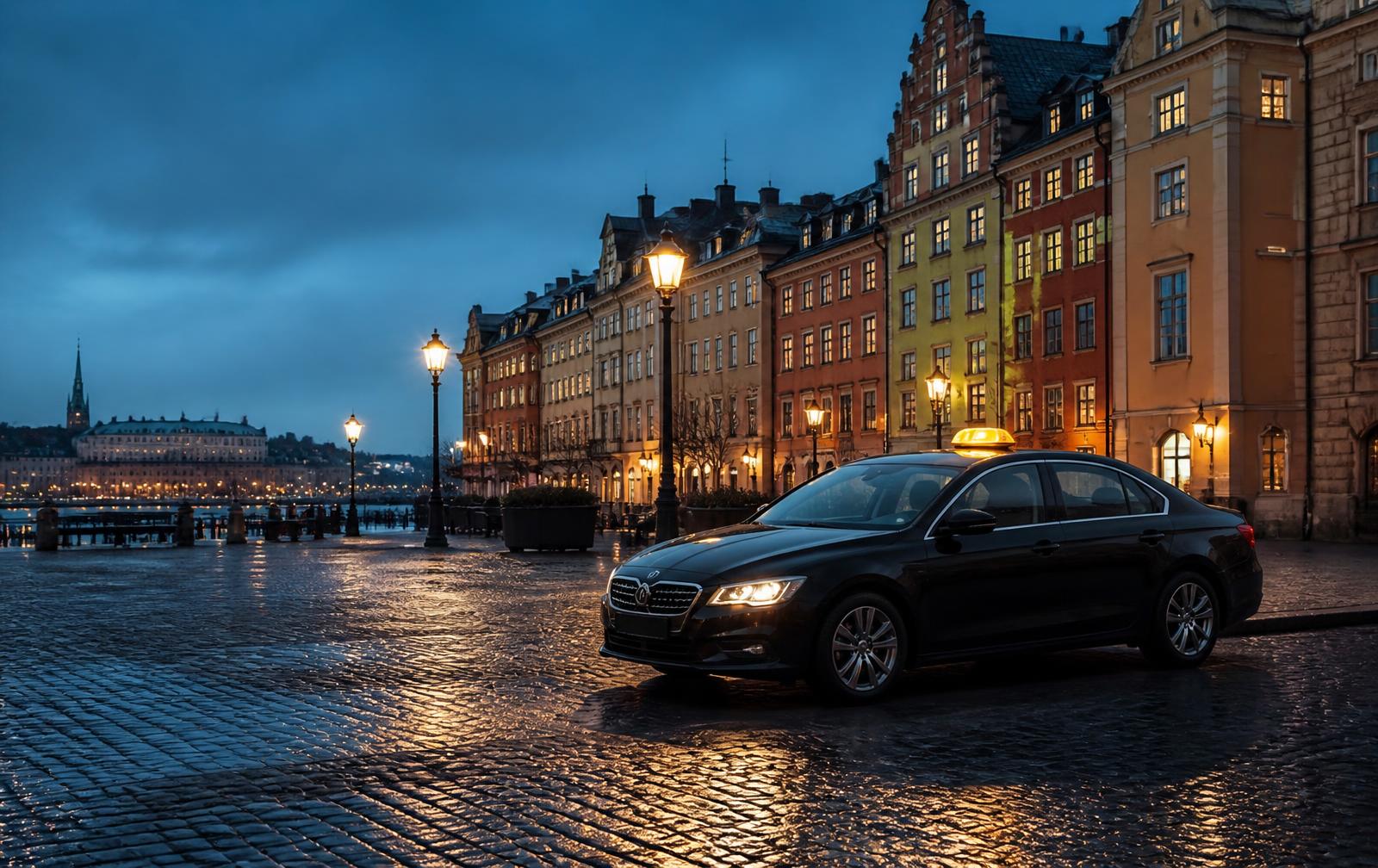 Taxi som väntar på en blöt gata i Stockholm i skymningen